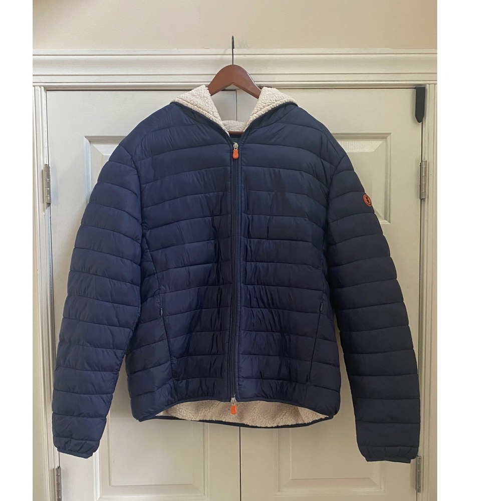 Save The Duck Puffer Jacket Men XXL Navy Blue Sherpa Lined Quilted Hood Gorpcore